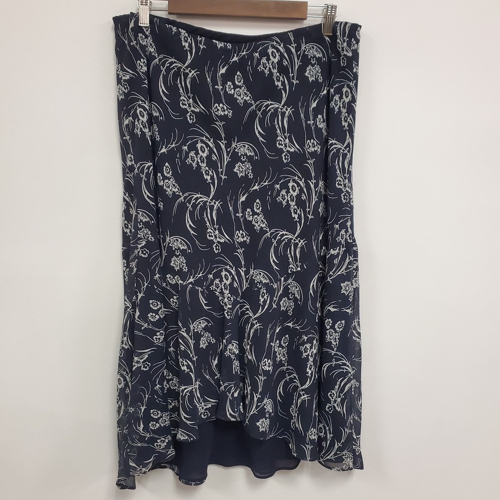 Chaps Dark Floral Midi Skirt Size L Flowy Lined Blue‎ Fairy Grunge Lined Cottage
